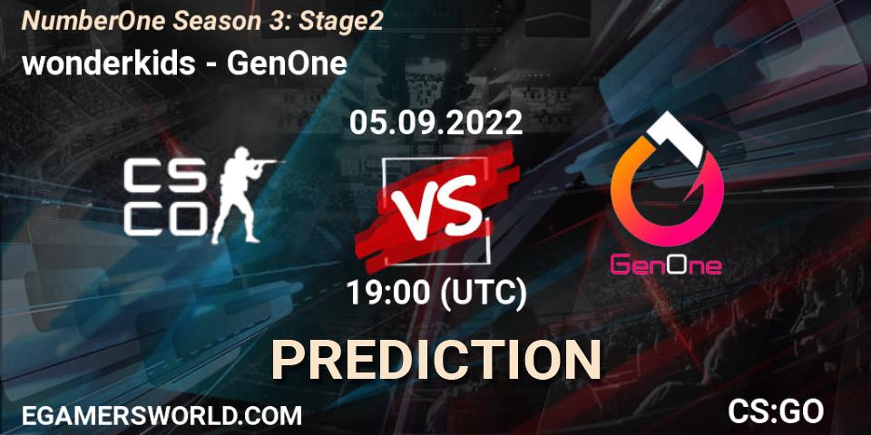 wonderkids vs GenOne: Betting TIp, Match Prediction. 05.09.2022 at 18:00. Counter-Strike (CS2), NumberOne Season 3: Stage 2