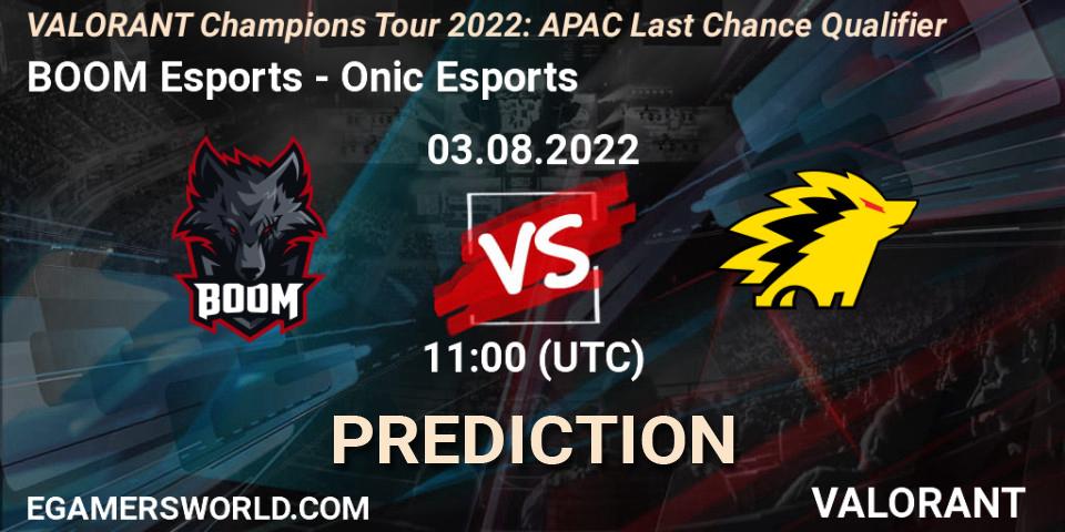 BOOM Esports vs Onic Esports: Betting TIp, Match Prediction. 03.08.2022 at 11:15. VALORANT, VCT 2022: APAC Last Chance Qualifier