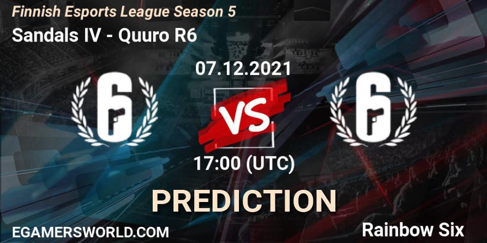 Sandals IV vs Quuro R6: Betting TIp, Match Prediction. 07.12.2021 at 17:00. Rainbow Six, Finnish Esports League Season 5
