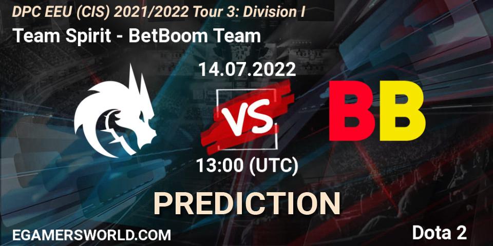 Team Spirit vs BetBoom Team: Betting TIp, Match Prediction. 14.07.2022 at 13:04. Dota 2, DPC EEU (CIS) 2021/2022 Tour 3: Division I