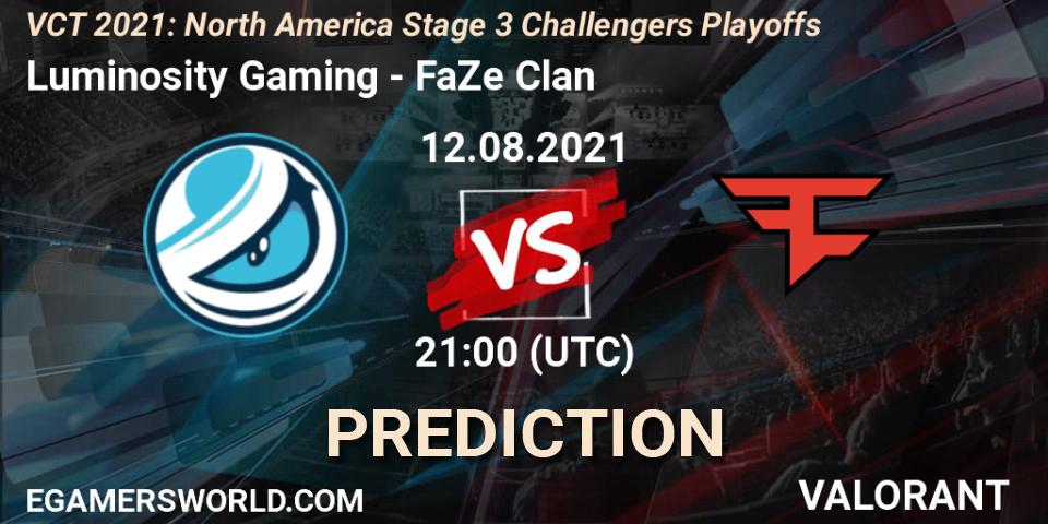 Luminosity Gaming vs FaZe Clan: Betting TIp, Match Prediction. 12.08.2021 at 21:00. VALORANT, VCT 2021: North America Stage 3 Challengers Playoffs