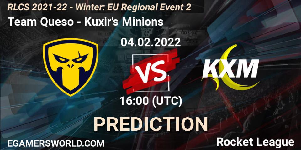 Team Queso vs Kuxir's Minions: Betting TIp, Match Prediction. 04.02.2022 at 16:00. Rocket League, RLCS 2021-22 - Winter: EU Regional Event 2