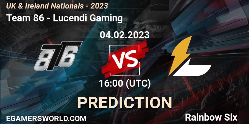 Team 86 vs Lucendi Gaming: Betting TIp, Match Prediction. 04.02.2023 at 16:00. Rainbow Six, UK & Ireland Nationals - 2023