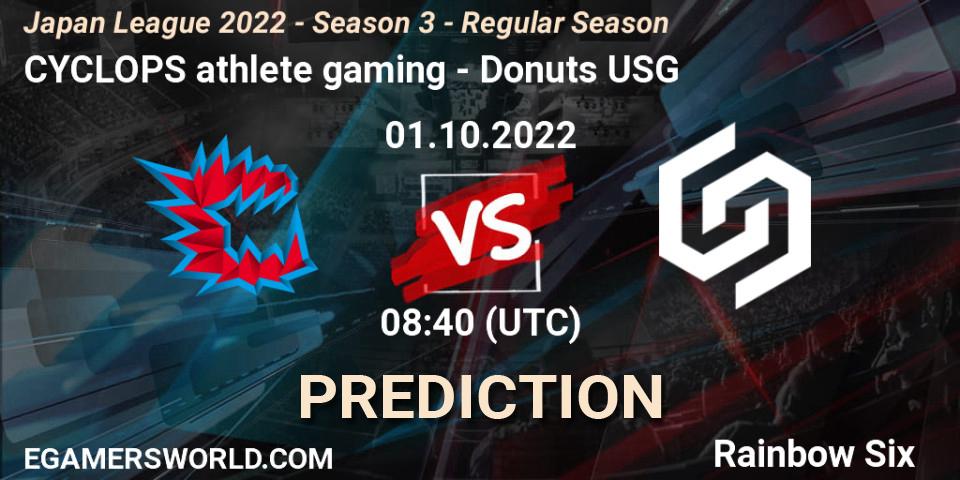 CYCLOPS athlete gaming vs Donuts USG: Betting TIp, Match Prediction. 01.10.2022 at 08:40. Rainbow Six, Japan League 2022 - Season 3 - Regular Season