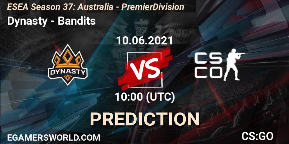Dynasty vs Bandits: Betting TIp, Match Prediction. 10.06.2021 at 10:00. Counter-Strike (CS2), ESEA Season 37: Australia - Premier Division