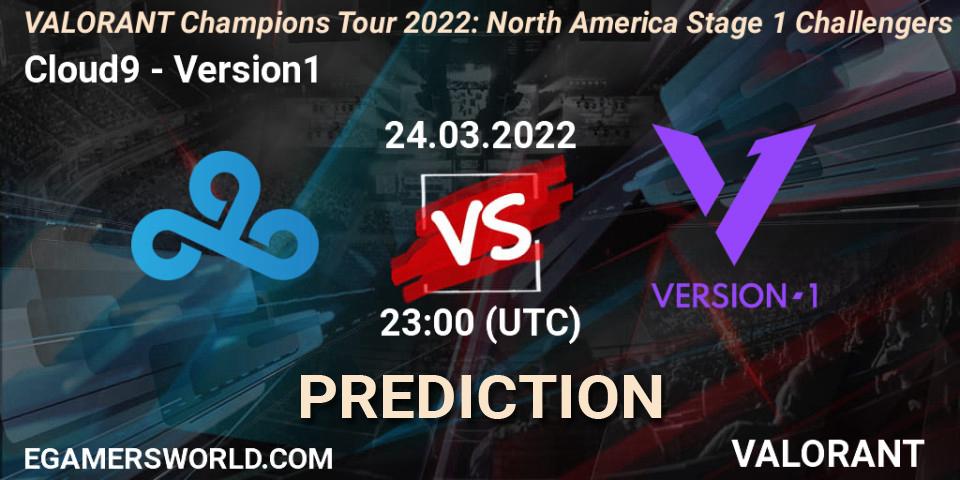 Cloud9 vs Version1: Betting TIp, Match Prediction. 24.03.2022 at 22:15. VALORANT, VCT 2022: North America Stage 1 Challengers