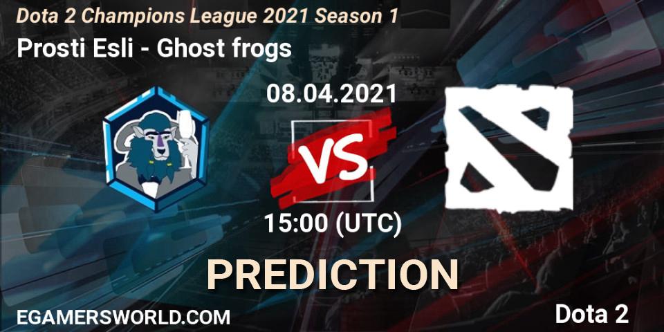 Prosti Esli vs Ghost frogs: Betting TIp, Match Prediction. 08.04.2021 at 14:36. Dota 2, Dota 2 Champions League 2021 Season 1