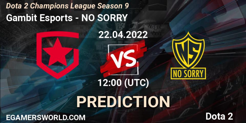 Gambit Esports vs NO SORRY: Betting TIp, Match Prediction. 22.04.2022 at 12:00. Dota 2, Dota 2 Champions League Season 9
