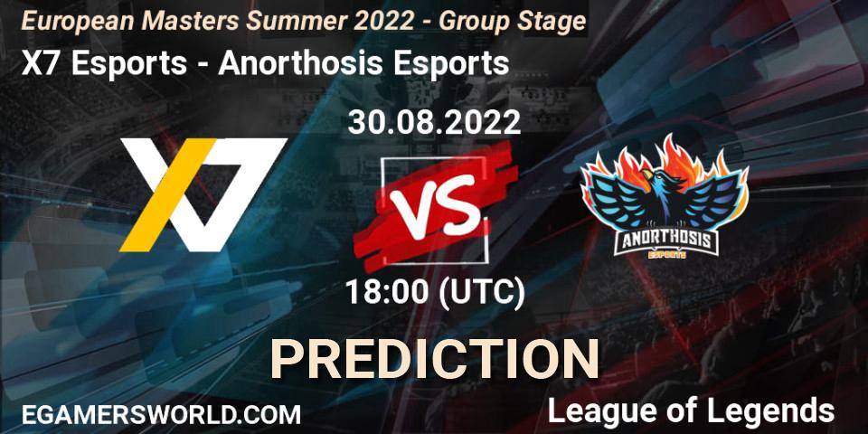 X7 Esports vs Anorthosis Esports: Betting TIp, Match Prediction. 30.08.2022 at 18:00. LoL, European Masters Summer 2022 - Group Stage