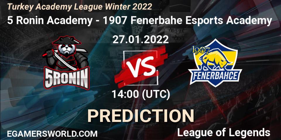 5 Ronin Academy vs 1907 Fenerbahçe Esports Academy: Betting TIp, Match Prediction. 27.01.2022 at 14:00. LoL, Turkey Academy League Winter 2022
