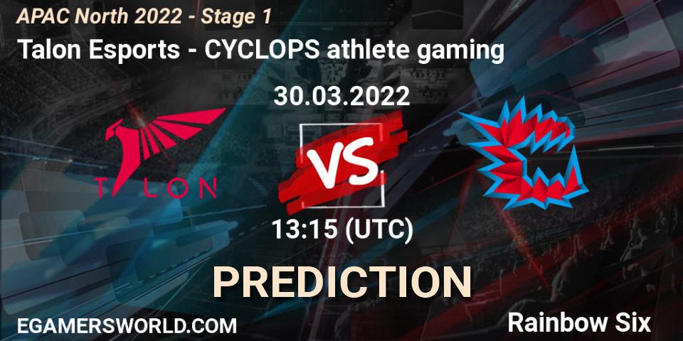 Talon Esports vs CYCLOPS athlete gaming: Betting TIp, Match Prediction. 30.03.2022 at 13:15. Rainbow Six, APAC North 2022 - Stage 1