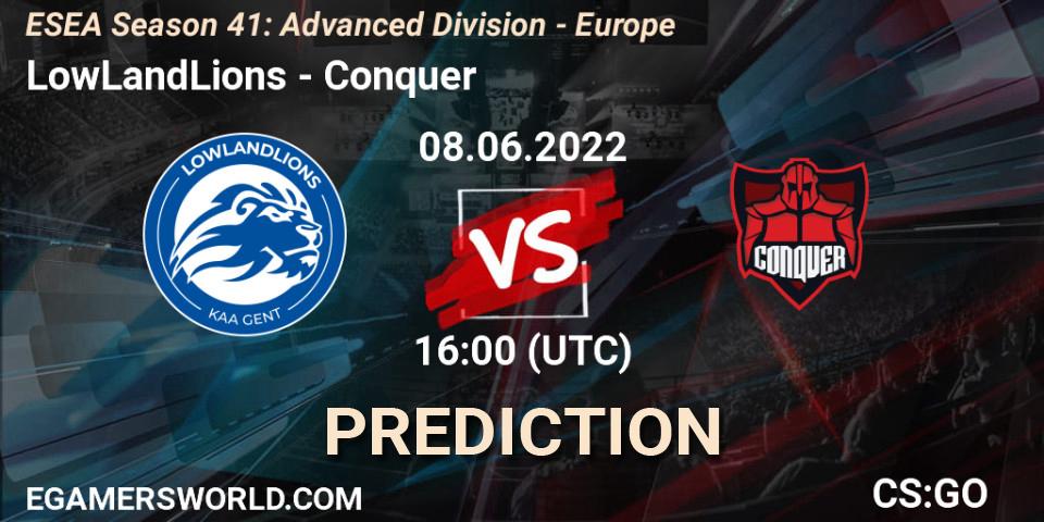 LowLandLions vs Conquer: Betting TIp, Match Prediction. 08.06.2022 at 16:00. Counter-Strike (CS2), ESEA Season 41: Advanced Division - Europe