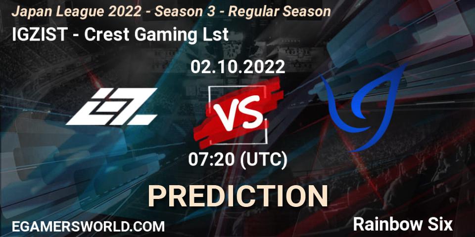 IGZIST vs Crest Gaming Lst: Betting TIp, Match Prediction. 02.10.2022 at 07:20. Rainbow Six, Japan League 2022 - Season 3 - Regular Season