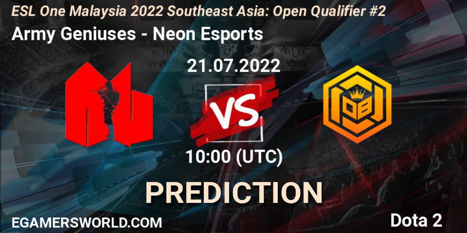 Army Geniuses vs Neon Esports: Betting TIp, Match Prediction. 21.07.2022 at 10:00. Dota 2, ESL One Malaysia 2022 Southeast Asia: Open Qualifier #2