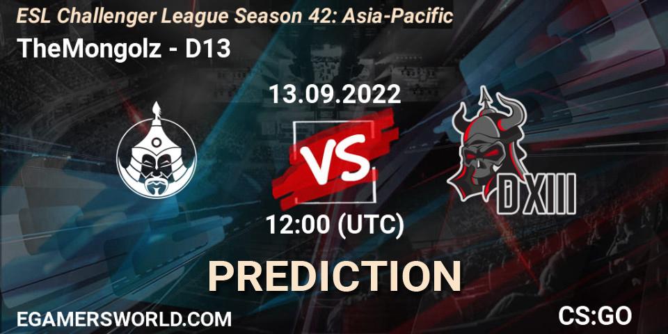 TheMongolz vs D13: Betting TIp, Match Prediction. 13.09.2022 at 12:00. Counter-Strike (CS2), ESL Challenger League Season 42: Asia-Pacific