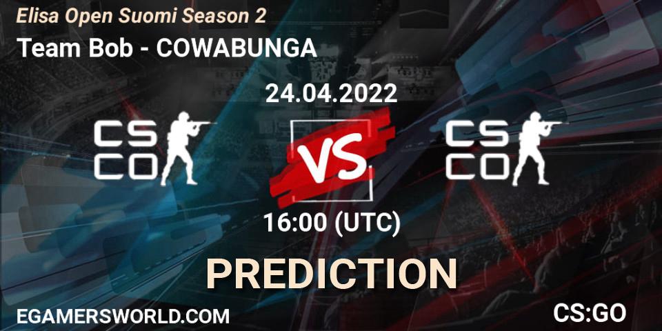 Team Bob vs COWABUNGA: Betting TIp, Match Prediction. 24.04.2022 at 16:00. Counter-Strike (CS2), Elisa Open Suomi Season 2