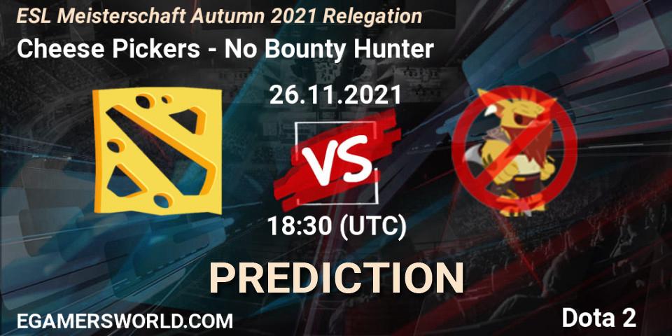 Cheese Pickers vs No Bounty Hunter: Betting TIp, Match Prediction. 26.11.2021 at 18:30. Dota 2, ESL Meisterschaft Autumn 2021 Relegation