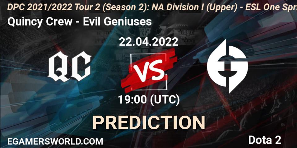 Quincy Crew vs Evil Geniuses: Betting TIp, Match Prediction. 22.04.2022 at 18:55. Dota 2, DPC 2021/2022 Tour 2 (Season 2): NA Division I (Upper) - ESL One Spring 2022