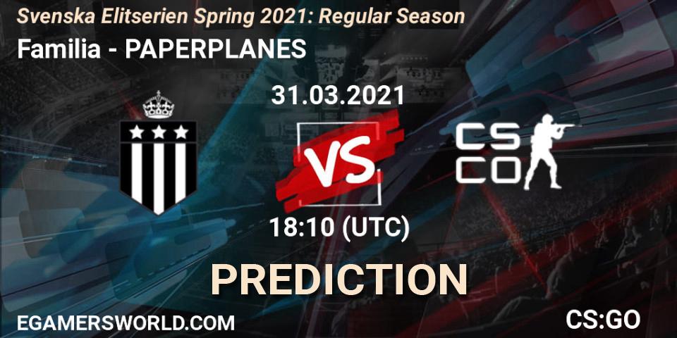 Familia vs PAPERPLANES: Betting TIp, Match Prediction. 31.03.2021 at 18:10. Counter-Strike (CS2), Svenska Elitserien Spring 2021: Regular Season