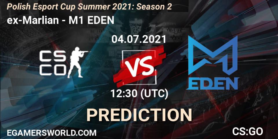 ex-Marlian vs M1 EDEN: Betting TIp, Match Prediction. 04.07.2021 at 12:30. Counter-Strike (CS2), Polish Esport Cup Summer 2021: Season 2