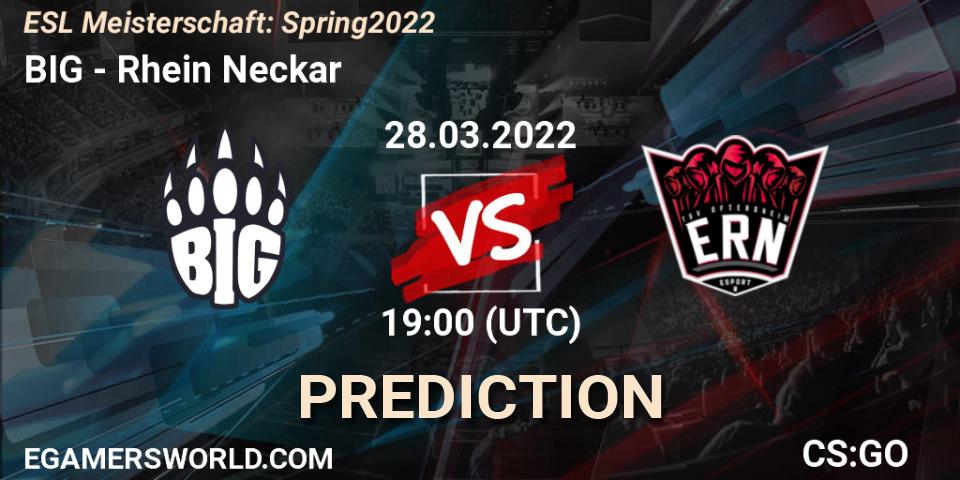 BIG Academy vs Rhein Neckar: Betting TIp, Match Prediction. 28.03.2022 at 18:00. Counter-Strike (CS2), ESL Meisterschaft: Spring 2022