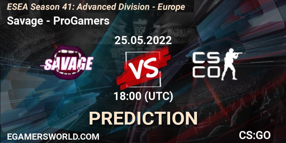 Savage vs ProGamers: Betting TIp, Match Prediction. 25.05.2022 at 18:00. Counter-Strike (CS2), ESEA Season 41: Advanced Division - Europe