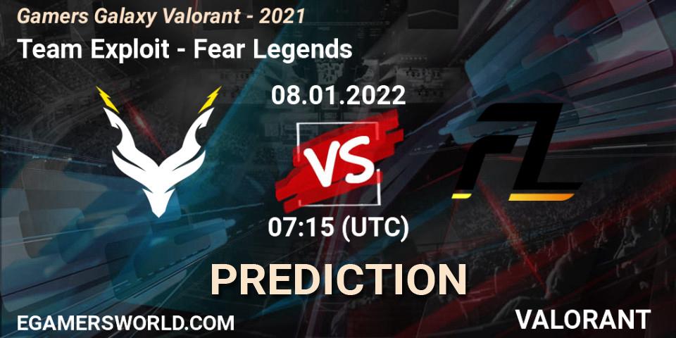 Team Exploit vs Fear Legends: Betting TIp, Match Prediction. 08.01.2022 at 07:15. VALORANT, Gamers Galaxy Valorant - 2021