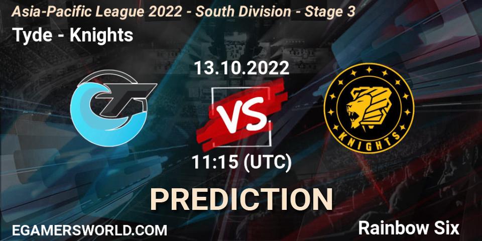 Tyde vs Knights: Betting TIp, Match Prediction. 13.10.2022 at 11:15. Rainbow Six, Asia-Pacific League 2022 - South Division - Stage 3