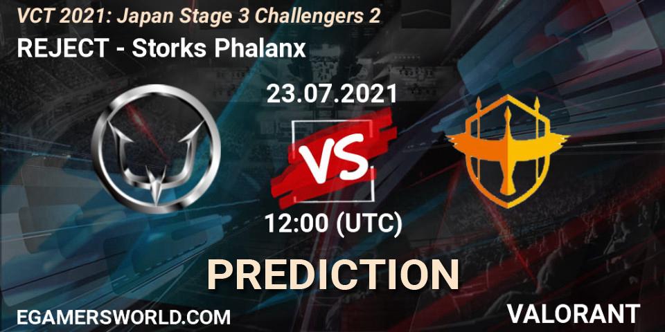 REJECT vs Storks Phalanx: Betting TIp, Match Prediction. 23.07.2021 at 12:00. VALORANT, VCT 2021: Japan Stage 3 Challengers 2