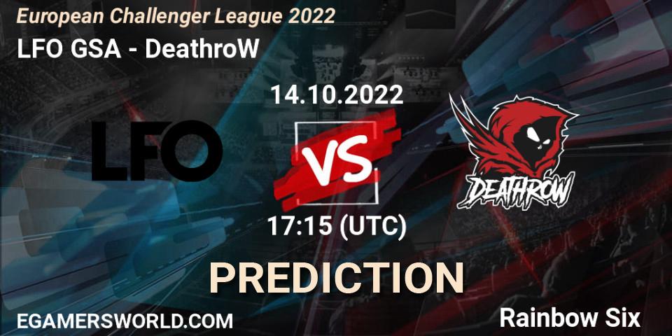LFO GSA vs DeathroW: Betting TIp, Match Prediction. 14.10.2022 at 17:15. Rainbow Six, European Challenger League 2022