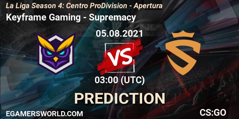 Keyframe Gaming vs Supremacy: Betting TIp, Match Prediction. 05.08.2021 at 02:30. Counter-Strike (CS2), La Liga Season 4: Centro Pro Division - Apertura