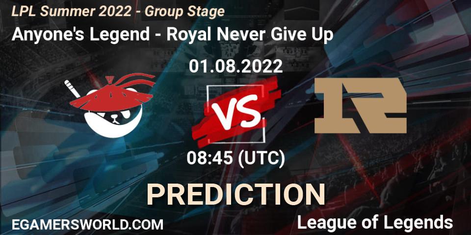 Anyone's Legend vs Royal Never Give Up: Betting TIp, Match Prediction. 01.08.22. LoL, LPL Summer 2022 - Group Stage