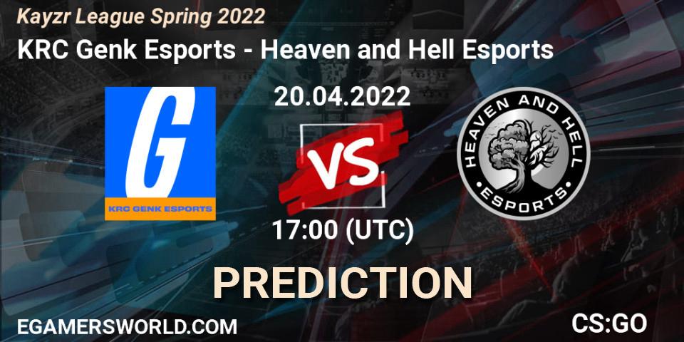 KRC Genk Esports vs Heaven and Hell Esports: Betting TIp, Match Prediction. 20.04.2022 at 17:00. Counter-Strike (CS2), Kayzr League Spring 2022
