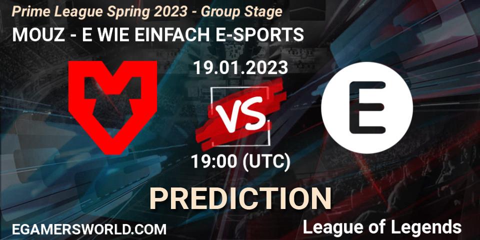 MOUZ vs E WIE EINFACH E-SPORTS: Betting TIp, Match Prediction. 19.01.2023 at 18:00. LoL, Prime League Spring 2023 - Group Stage