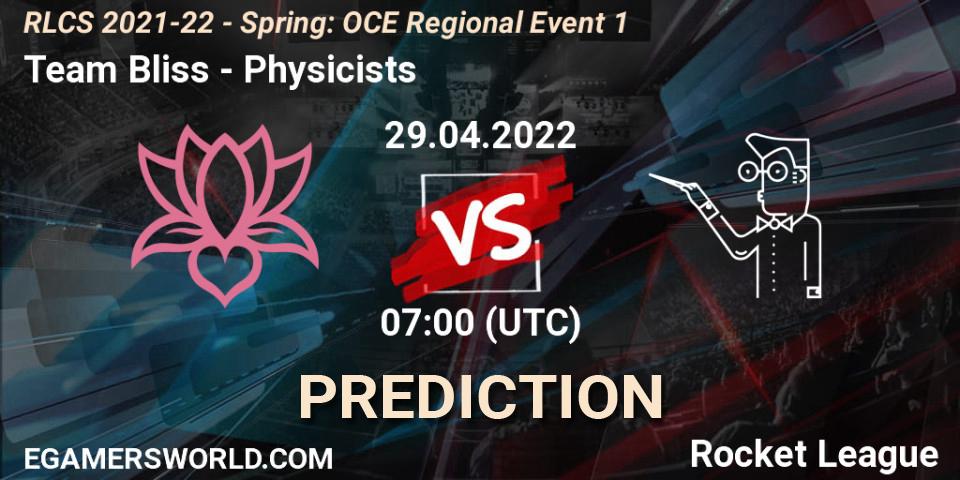 Team Bliss vs Physicists: Betting TIp, Match Prediction. 29.04.2022 at 07:00. Rocket League, RLCS 2021-22 - Spring: OCE Regional Event 1