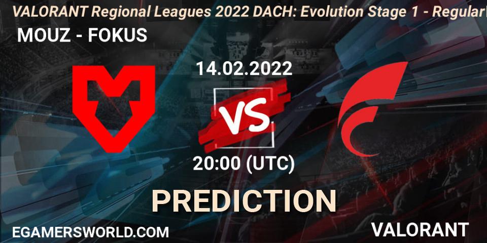  MOUZ vs FOKUS: Betting TIp, Match Prediction. 14.02.2022 at 20:30. VALORANT, VALORANT Regional Leagues 2022 DACH: Evolution Stage 1 - Regular Season