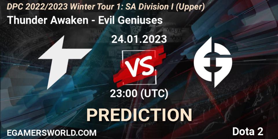 Thunder Awaken vs Evil Geniuses: Betting TIp, Match Prediction. 24.01.2023 at 20:30. Dota 2, DPC 2022/2023 Winter Tour 1: SA Division I (Upper) 