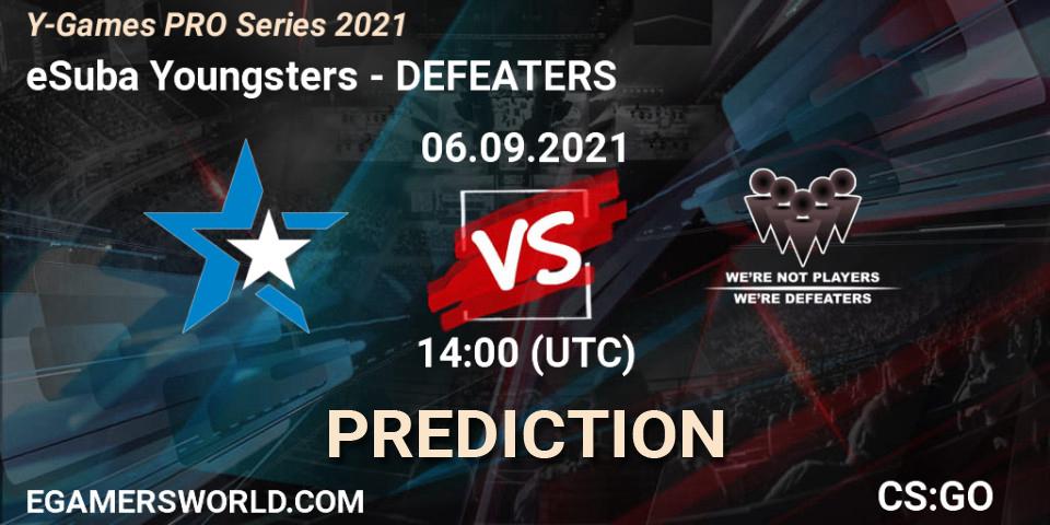 eSuba Youngsters vs DEFEATERS: Betting TIp, Match Prediction. 06.09.2021 at 14:00. Counter-Strike (CS2), Y-Games PRO Series 2021