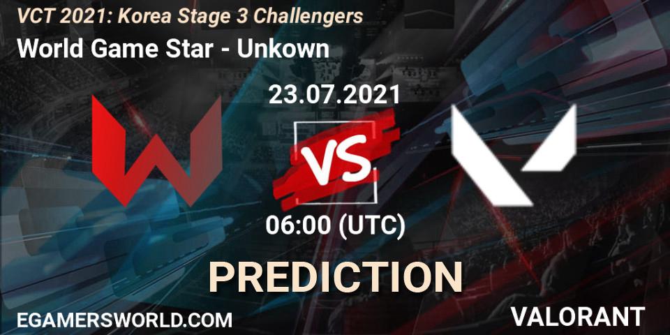 World Game Star vs Unkown: Betting TIp, Match Prediction. 23.07.2021 at 06:00. VALORANT, VCT 2021: Korea Stage 3 Challengers