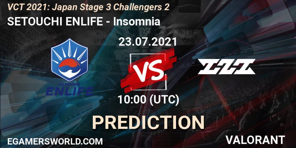 SETOUCHI ENLIFE vs Insomnia: Betting TIp, Match Prediction. 23.07.2021 at 10:00. VALORANT, VCT 2021: Japan Stage 3 Challengers 2