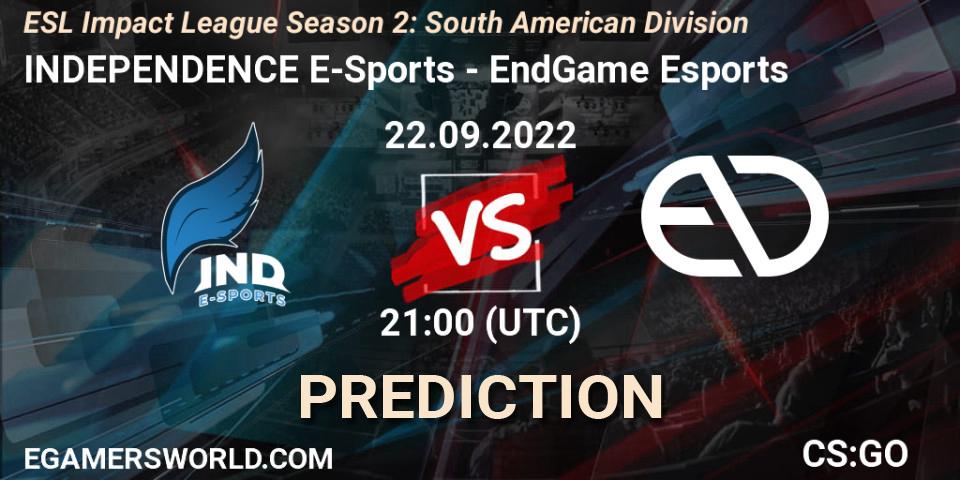 INDEPENDENCE E-Sports vs EndGame Esports: Betting TIp, Match Prediction. 22.09.2022 at 21:00. Counter-Strike (CS2), ESL Impact League Season 2: South American Division