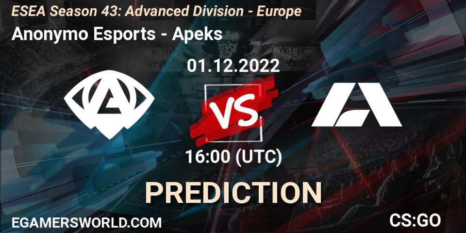 Anonymo Esports vs Apeks: Betting TIp, Match Prediction. 01.12.22. CS2 (CS:GO), ESEA Season 43: Advanced Division - Europe