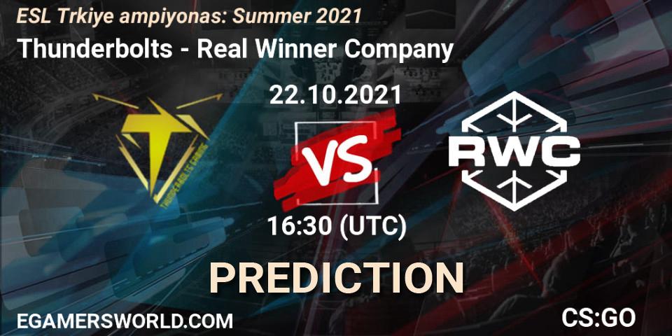 Thunderbolts vs Real Winner Company: Betting TIp, Match Prediction. 22.10.2021 at 16:35. Counter-Strike (CS2), ESL Türkiye Şampiyonası: Summer 2021
