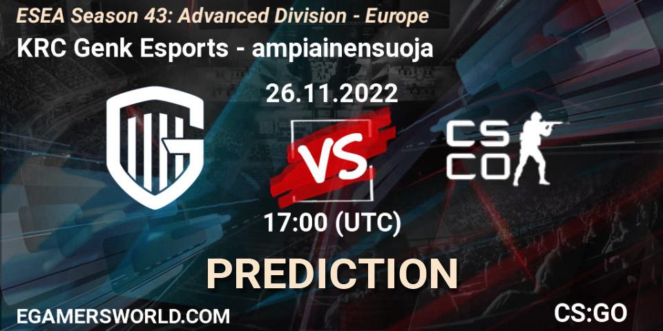 KRC Genk Esports vs ampiainensuoja: Betting TIp, Match Prediction. 26.11.22. CS2 (CS:GO), ESEA Season 43: Advanced Division - Europe