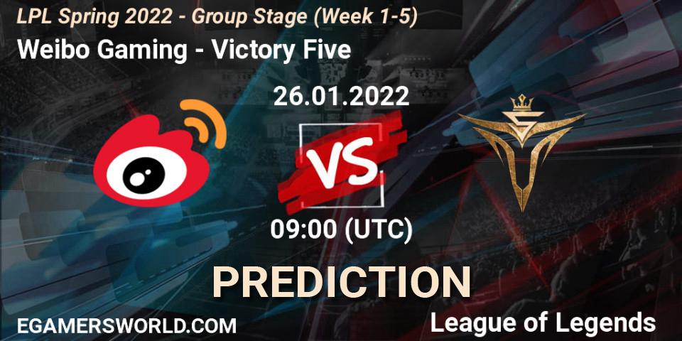 Weibo Gaming vs Victory Five: Betting TIp, Match Prediction. 26.01.2022 at 09:00. LoL, LPL Spring 2022 - Group Stage (Week 1-5)