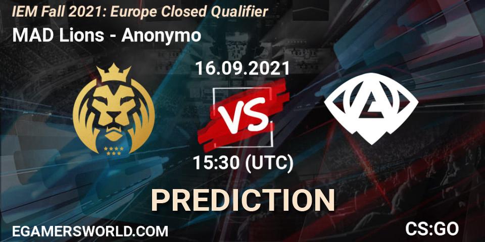 MAD Lions vs Anonymo: Betting TIp, Match Prediction. 16.09.2021 at 15:30. Counter-Strike (CS2), IEM Fall 2021: Europe Closed Qualifier