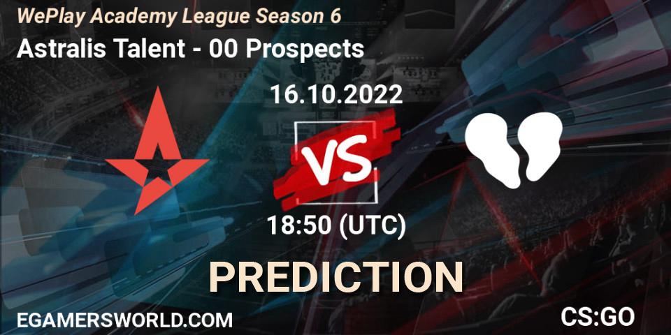 Astralis Talent vs 00 Prospects: Betting TIp, Match Prediction. 16.10.2022 at 19:20. Counter-Strike (CS2), WePlay Academy League Season 6