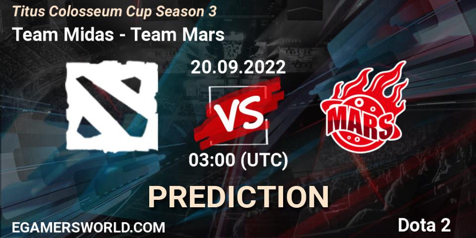 Team Midas vs Team Mars: Betting TIp, Match Prediction. 20.09.2022 at 03:12. Dota 2, Titus Colosseum Cup Season 3