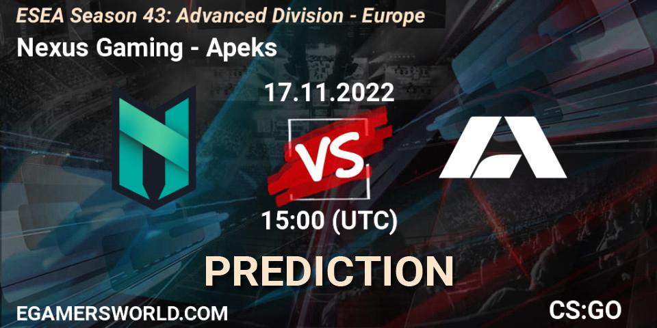 Nexus Gaming vs Apeks: Betting TIp, Match Prediction. 17.11.2022 at 15:00. Counter-Strike (CS2), ESEA Season 43: Advanced Division - Europe