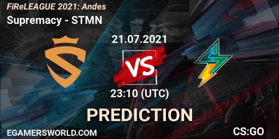 Supremacy vs STMN: Betting TIp, Match Prediction. 21.07.2021 at 23:10. Counter-Strike (CS2), FiReLEAGUE 2021: Andes